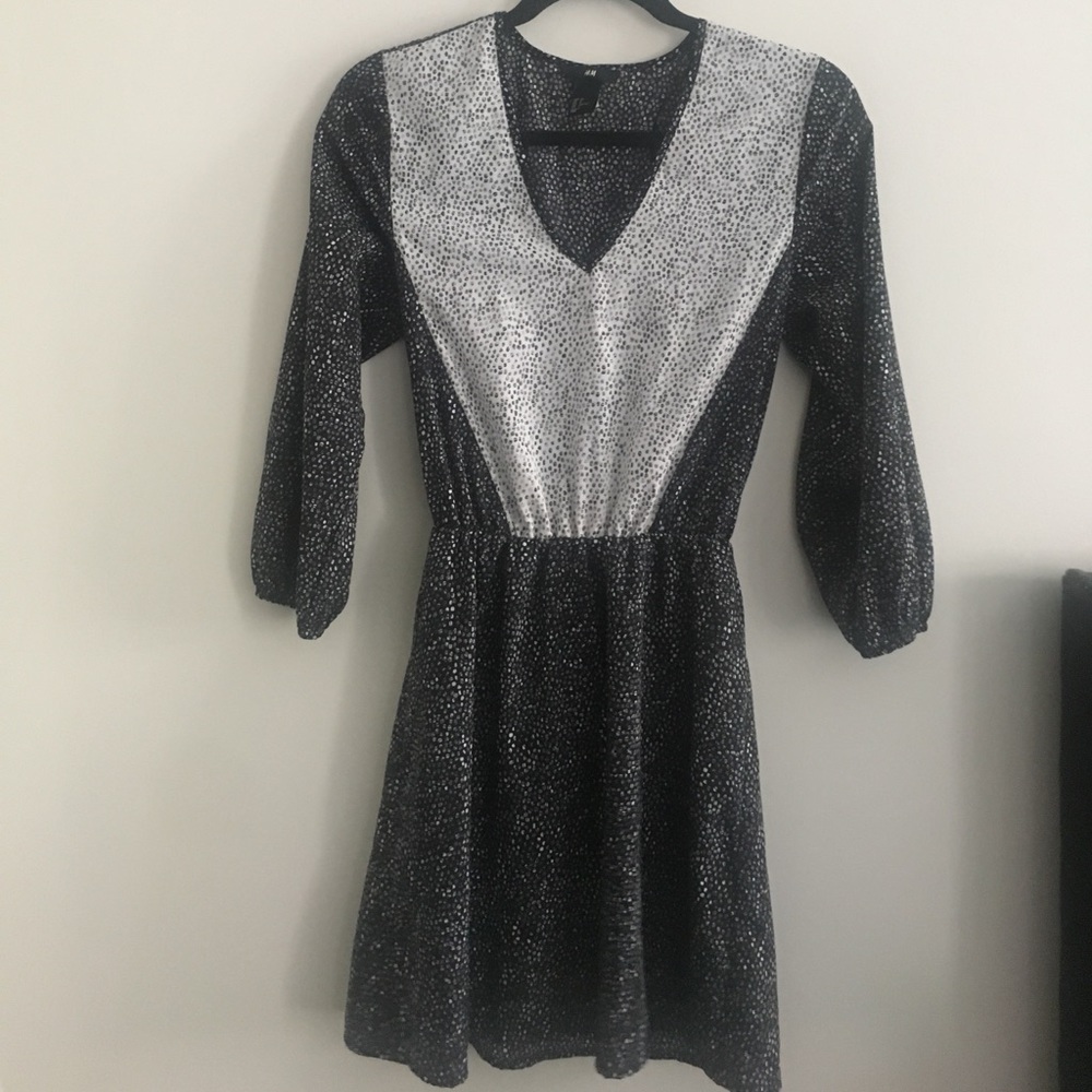 Black & White V neck Dotted Dress